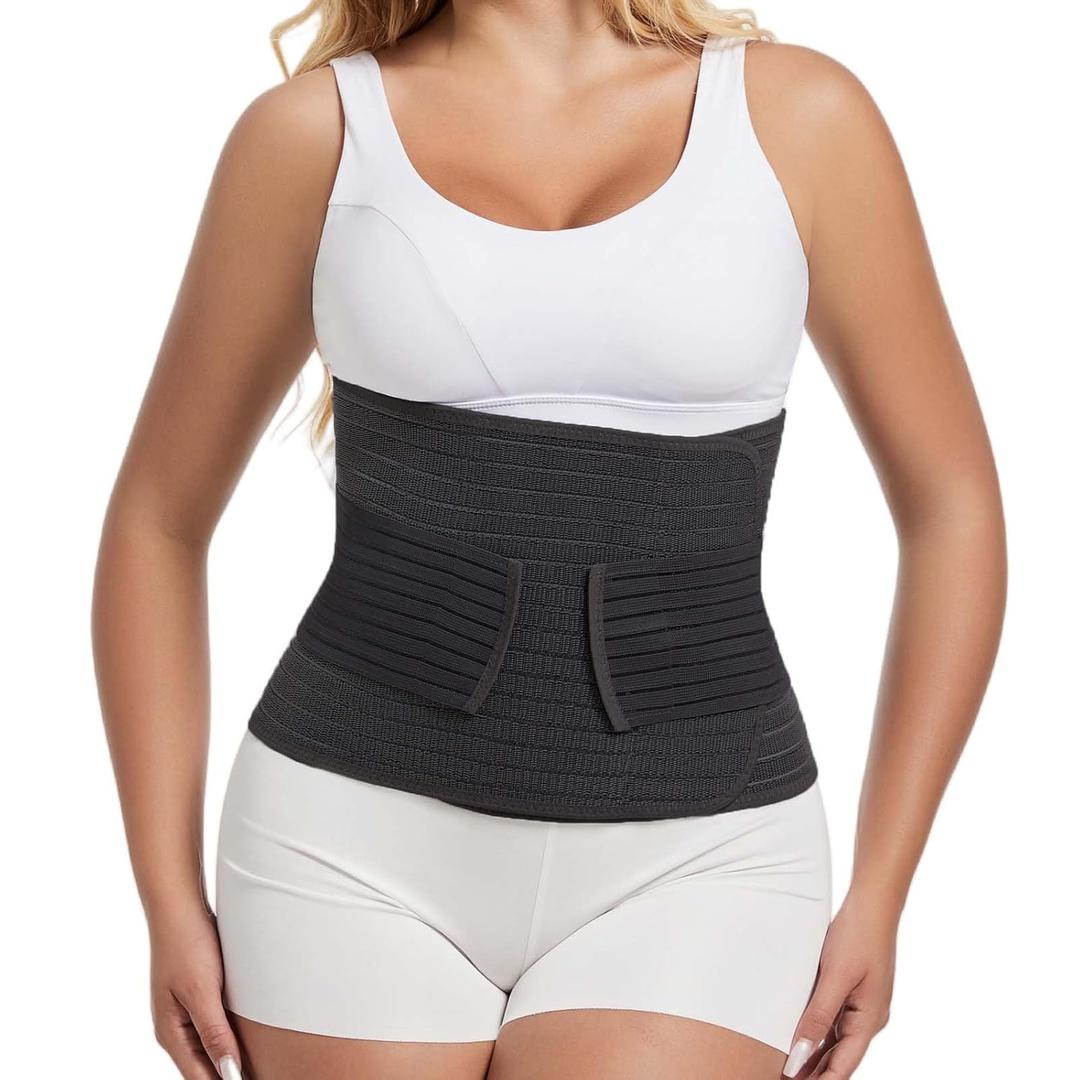 Reian Postpartum Belly Band Abdominal Binder for Post Surgery Recovery, Waist Compression Wrap for Tummy Tuck C-section Herina Support Belt for Women and Men (Black, One Size)