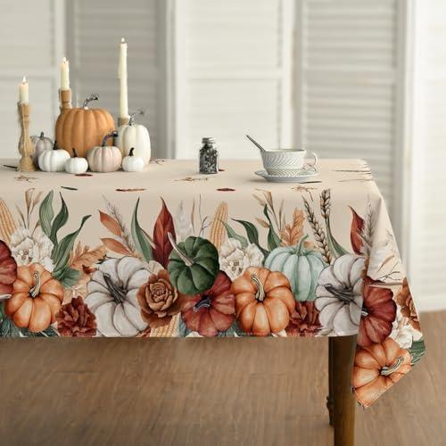 Horaldaily Fall Tablecloth 60×104 Inch Rectangular, Flower Autumn Harvest Pumpkin Washable Seasonal Table Cover for Party Picnic Dinner Decor Pack of 2