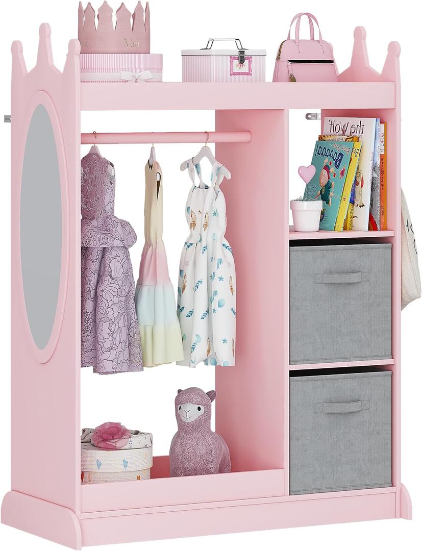 UTEX Kids Armoire Wardrobe Closet with Mirror and Storage Bin, Pink, 33.4 in W x 15.75 in D x 44.5 in H, Medium