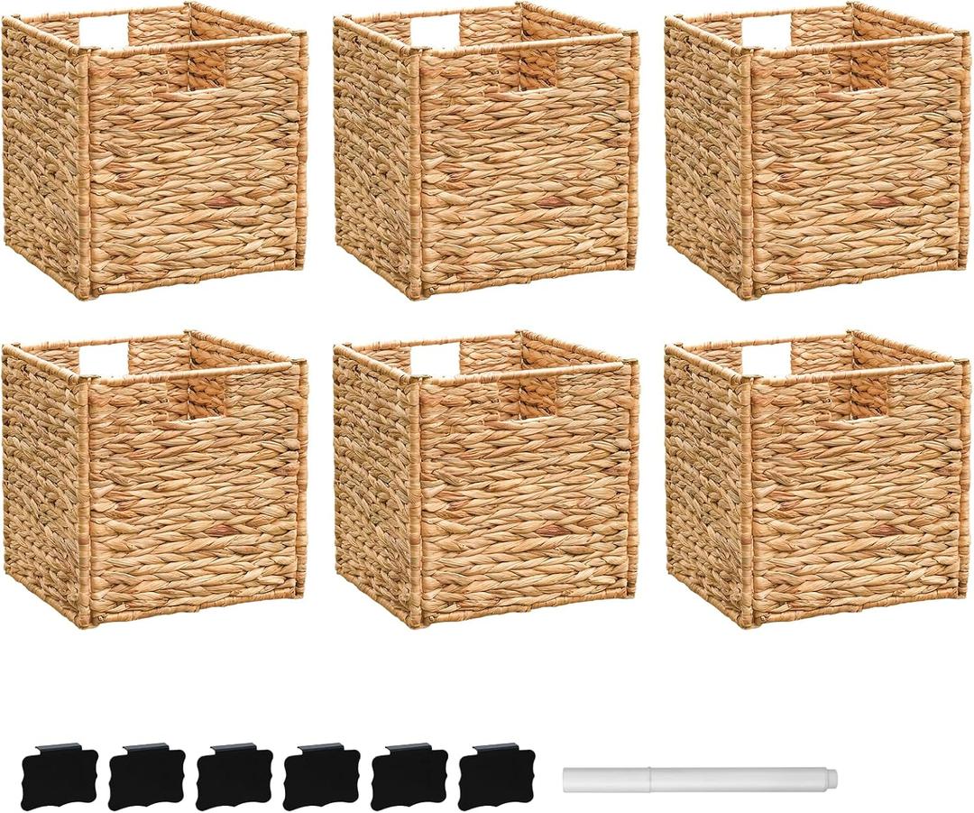 12x12x12 Storage Cube, Water Hyacinth Storage Baskets, Wicker Storage Baskets for Shelves, Woven Baskets for Storage, Square Wicker Storage Basket for Living Room (6 Packs 12x12in)