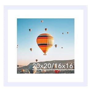 JCJMY 20x20 Picture Frame White with 16x16 Mat, Display Photo 16x16 with Mat or 20 x 20 Without Mat, Wall Hanging Large 20x20 Poster Frame with Shatter Resistant Plexiglass, White