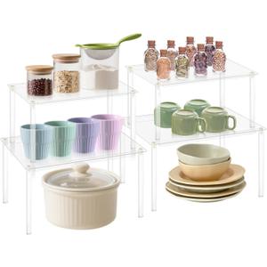 Set of 4 Acrylic Cabinet Organizer, Stackable Clear Cabinet Shelf, Spice Rack Organizer for Kitchen Cabi-net, Countertop, Transparent