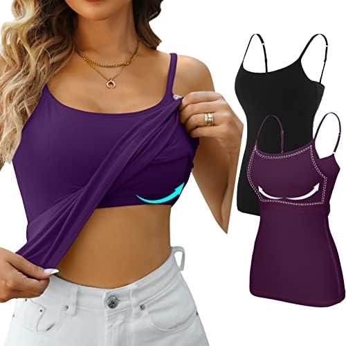 V FOR CITY Women\'s Shelf Bra Camisole Tops Adjustable Spaghetti Strap Cami Tank Cotton Undershirts 2 Pack  L