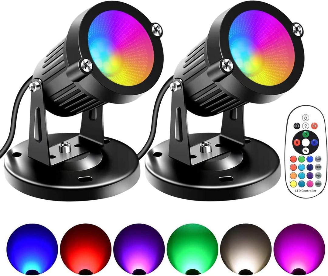 FZWLE Christmas Spot Lights Indoor, 5W RGBW Uplighting 16 Color Changing Up Lights Indoor with Remote Control, Plant Spotlight Decorative (2 Pack with Base and Stake)