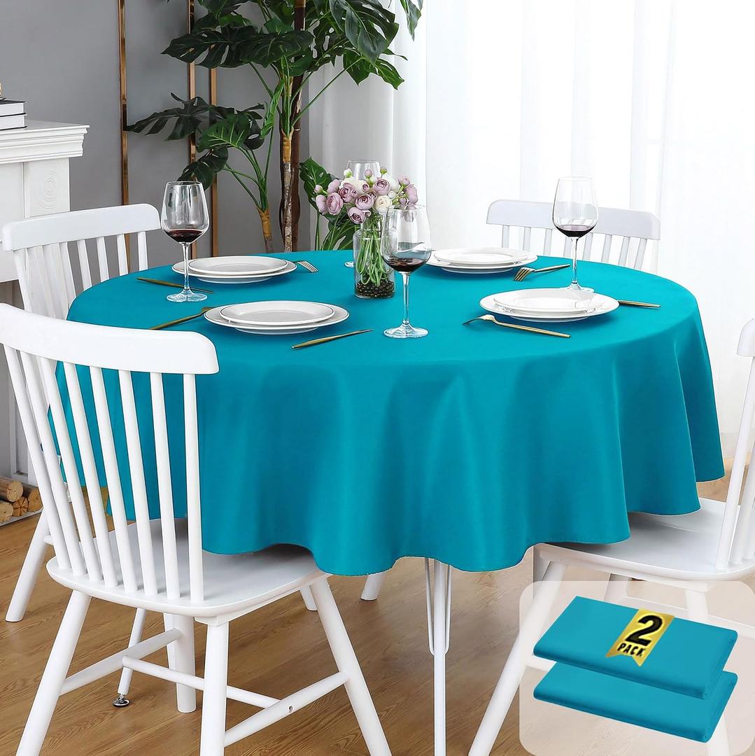 FOLINS&HOME 2 Pack Teal Round Tablecloth - 60 Inch Waterproof 210 GSM Wrinkle Free Polyester Circle Table Cloth, Spillproof Washable Wipeable Table Cover for Party, Wedding, Dining (2 Pcs)