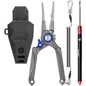 SAMSFX Fishing Pliers, Muti-Function Fly Fishing Tools, 8" Saltwater Resistant Gear Hook Remover Split Ring Tungsten Cutters, with Lanyard & Sheath