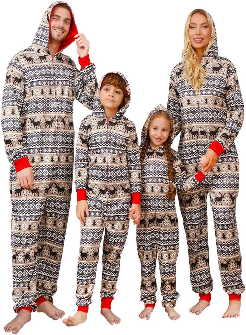 VNVNE Matching Christmas Onesie Pajamas Set for Family/Couples/Women/Men, One Piece Xmas Pjs Hooded Zipper Printed Sleepwear (L)