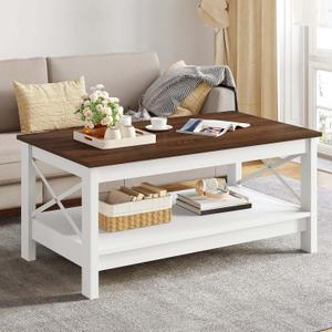 YITAHOME Coffee Table for Living Room, Modern Farmhouse Coffee Table with Storage, 2-Tier Center Table Wood Living Room Table Accent Cocktail with Sturdy Frame, Brown (Brown and White)