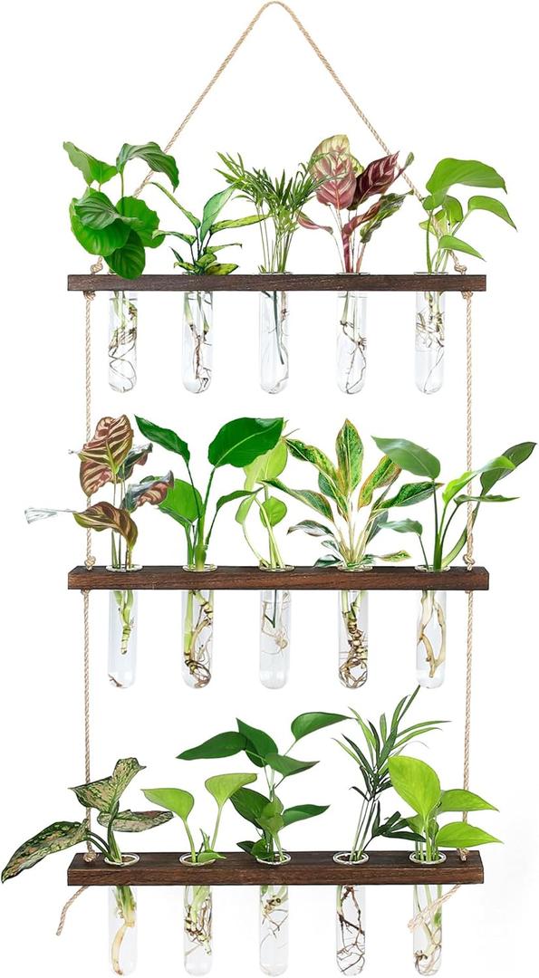 Hyindoor 3 Tired Plant Propagation Stations, Wall Hanging Planter Terrarium with Wooden Stand and 15 Mini Test Tubes, Glass Planter for Hydroponic Plant Cutting Home Office Garden Decor Gift