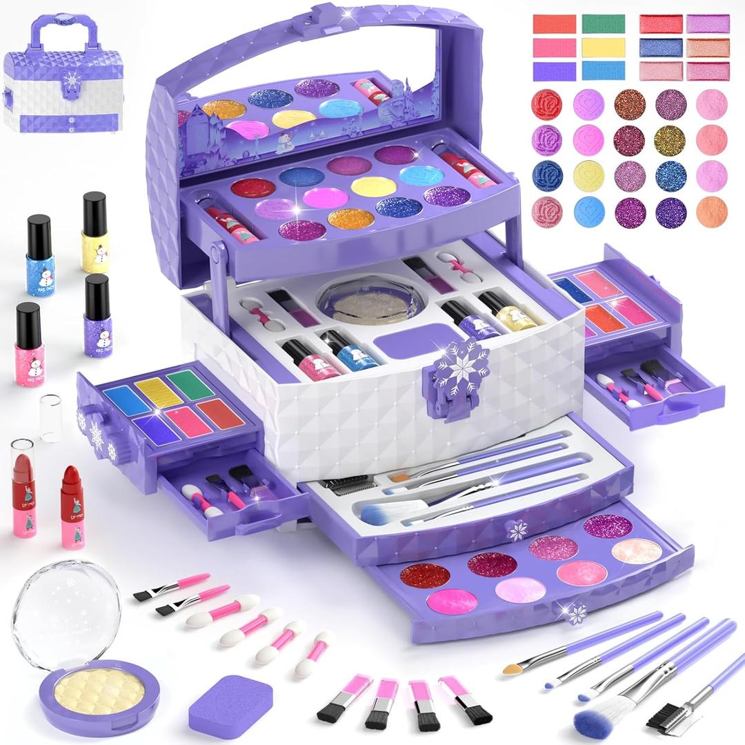 GirlsHome Kids Makeup Set for Girl 56 Pcs Washable Real Cosmetic, Non-Toxic Frozen Toys Toddler Makeup Kit, Frozen Princess Dress up Kit Christmas & Birthday Girl Gift for 3-12 (Frozen Purple)