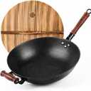 WANGYUANJI Cast Iron Wok Pan with Lid (12.6 Inch) - Handcrafted Flat Bottom Chinese Stir Fry Skillet for Induction, Electric & Gas - Walnut Wood Handle, No Coating