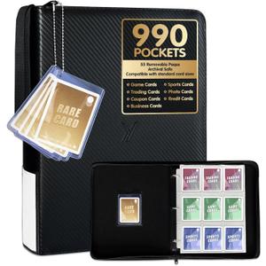 Trading Card Binder with Sleeves (990 Pockets) - 9 Pocket Card Binder Holder with Unique Display Strap - Large Capacity Storage Case for Baseball, TCG, MTG & Sports Cards (Black,)