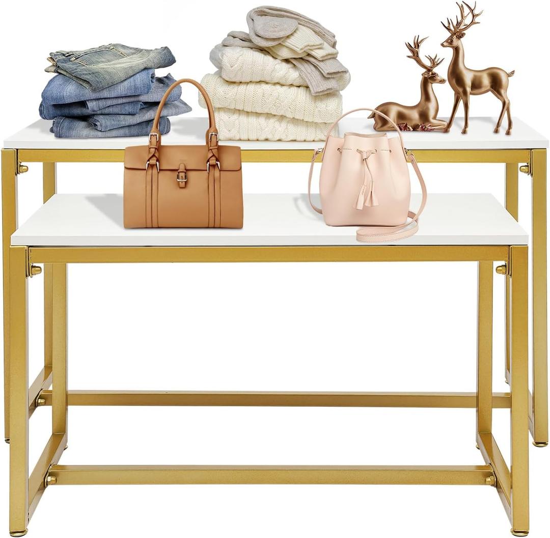 2PCS Shoes Handbag Display Stand Gold Modern Nesting Tables Set Metal Display Riser Shelf for Home Clothing Shops Retail Stores Gold,Load 110lbs(39.37x15.75x22in;31.5x15.75x18.1in)