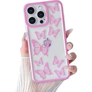 Yeddabox Compatible for iPhone 13 Pro Case Butterfly Cute Phone Case Transparent Full Camera Protection Soft TPU Shockproof Cover for Women Girls - Pink