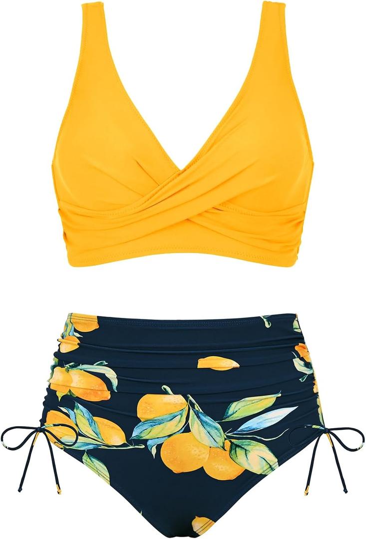 Women's High Waisted Bikini Sets V Neck Twist Front Ruched Bathing Suit Padded Lace Up Back Two Piece Swimsuit (M)