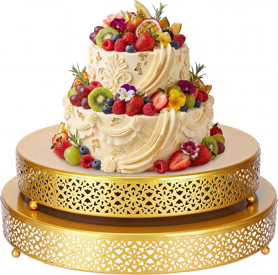 Wenqik 2 Pcs Gold Metal Cake Stand, 14" 16" Large Round Cupcake Stand | Elegant Gold Design,Create Elegant Looking,Dessert Table Cookies Fruit Cupcake Serving Tray,Wedding Birthday Party and Events
