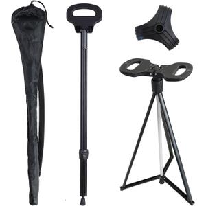 Cane with Seat 2-in-1 Portable Walking Stick with Seat for Men & Women Folding Lightweight Sturdy Tripod Cane Foldable Stool Mobility Aid Crutch Chair with Travel Bag for Elderly, Seniors & Handicap (New Dark Black)