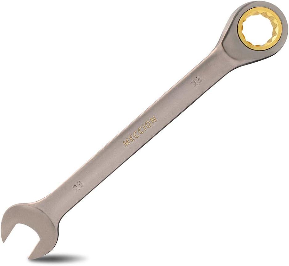 Meccion Combination Wrench 23mm Metric Open End Ratcheting Wrench - Industrial Grade Gear Spanner with Grey Nickle Plated