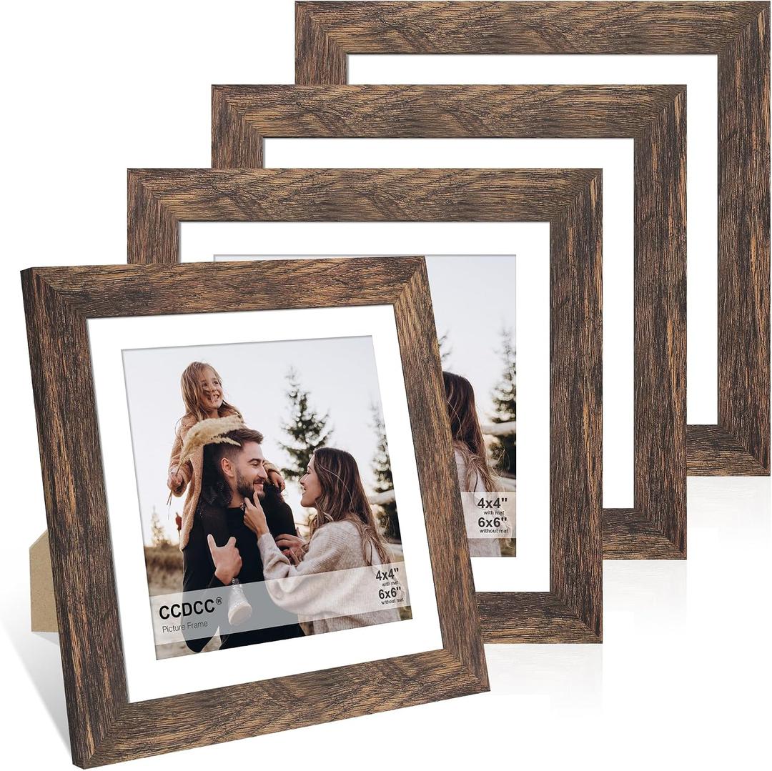 6x6 Picture Frame Set of 4, 6 x 6 Wood Photo Frames with Mat for 4x4, Wooden Frame with Real Glass Cover for Wall and Tabletop Display, Rustic Brown