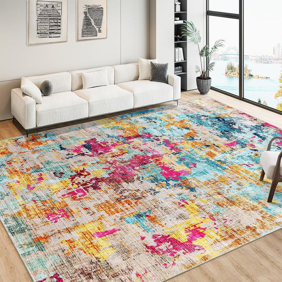 CAROMIO 8x10 Area Rug for Living Room, Colorful Modern Abstract Washable Rug with Non-Slip Backing, Ultra-Thin Soft Large Area Rug for Bedroom Dining Room (Colorful Multi, 8'x10')
