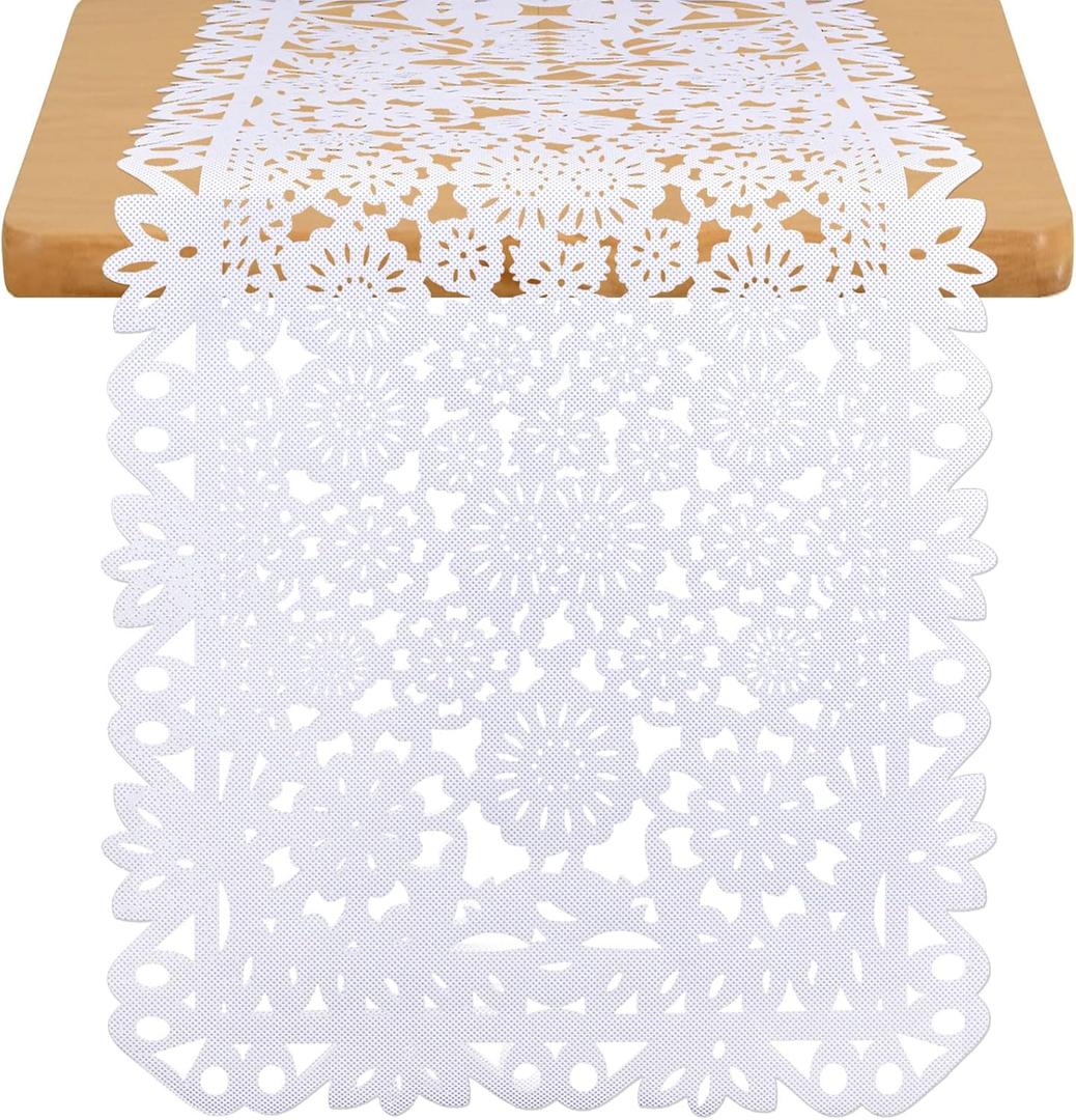 14 x 84 Inches Mexican Party Table Runner White Papel Picado Tablecloth Runner Fabric Table Decoration for Cinco De Mayo Mexican Wedding Fiesta Party Supplies (6)