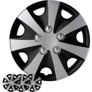 Hubcaps 4-Pack Kit, 14 inch Hub Caps Set of 4 Wheel Covers with Universal Snap-On Retention Rings, 2-Tone ABS Plastic Black and Silver Car Rims for All Models (SG-5051-DP-14)