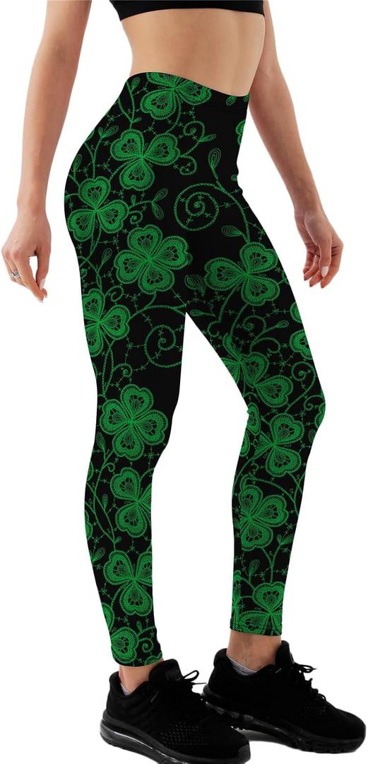 Women's St Patrick's Day Leggings Irish Green Shamrock Printed High Waisted Tights Trendy Workout Yoga Pants (Black, S)