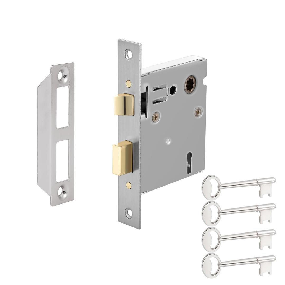 Upgraded Mortise Lock Replacement Parts, Vintage Old Style Indoor Mortise Lock Assembly Kit with Antique Skeleton Keys and Reversible Latch Bolt, Mortise Lock Set Interior Door Satin Nickel