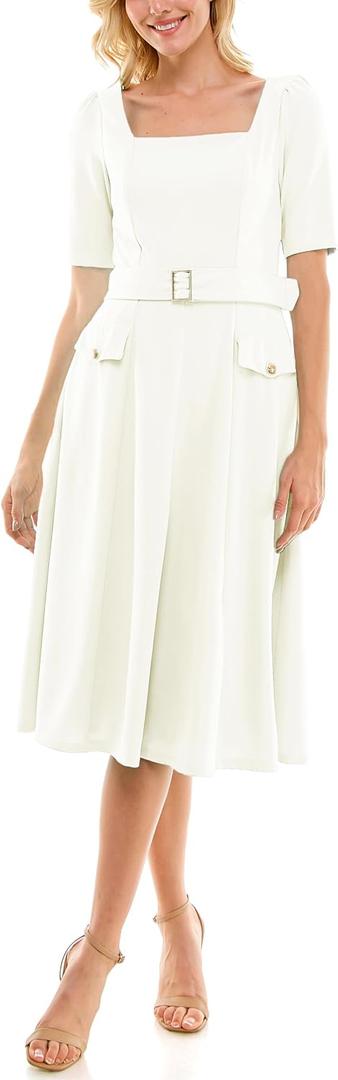 Maison Tara Women's Square Neck Belted Midi Dress with Pockets Size 10 (White)
