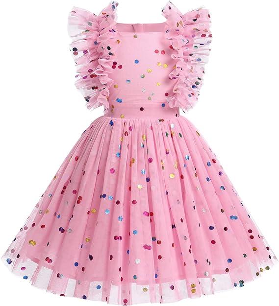 Kids Girls Confetti Birthday Princess Dress Ruffle Sleeve Boho Cake Smash Photo Shoot Outfit, Size: 3-4T