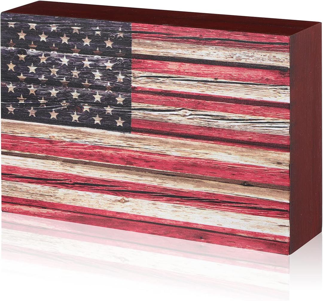 Sintuff Memorial Day Decor Patriotic 4th of July Tabletop Decorarion Wooden American Flag Box Sign 250th Anniversary Independence Day Veterans Wood Gifts for Table Centerpiece Office Desk Shelf