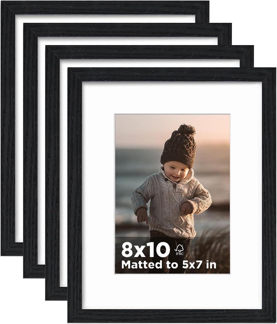 KINLINK 8x10 Picture Frame Black Wood Set of 4, Wooden Photo Frame Matted 5x7 with Plexiglass for 5x7 with Mat or 8x10 without Mat for Table and Wall Display