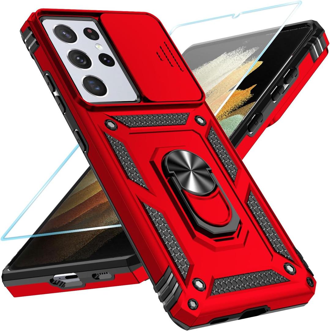 SunStory Phone Case for Samsung Galaxy S21 Ultra 5G Case with HD Screen Protector & Slide Camera Cover & Rotated Ring Kickstand, Military-Grade, 2 in 1 Phone Case for Galaxy S21 Ultra 6.8'', Red