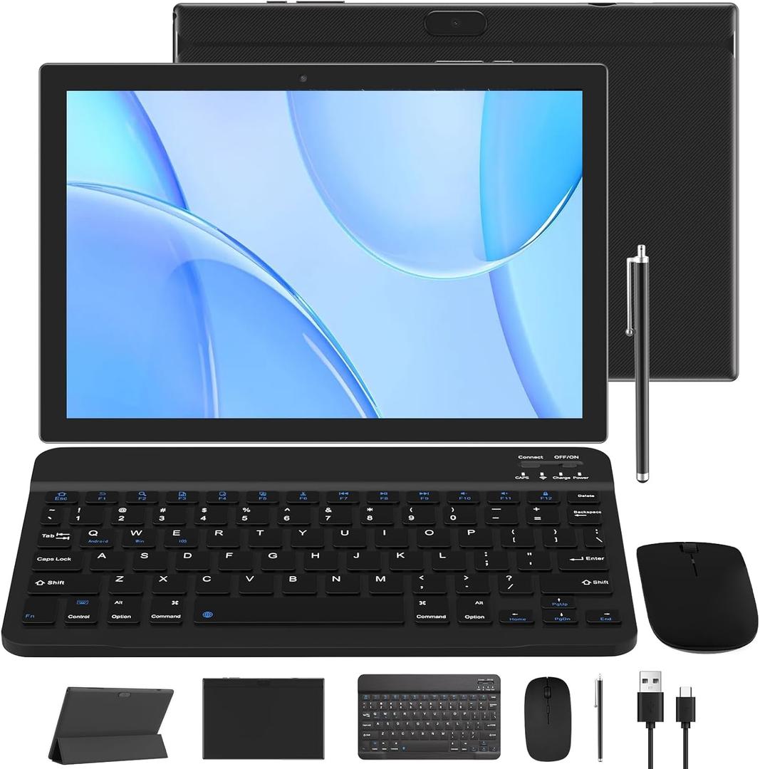 2 in 1 Tablet 10 inch Android Tablet Set, Tablets with Keyboard Case Mouse Stylus 6GB+64GB Supports 1TB Expansion 6000mAh battery 5G-WiFi WIFI6 10.1" Touch Screen 8MP Dual Camera Tab, BT Tableta PC (Black)