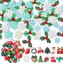 Huwena 200 Pcs Christmas Resin Flatback Charms Mini Triple Leaf Holly Berries Embellishments Small Snowflake Decorations Tiny Resin Miniatures for Xmas Tree DIY Craft Scrapbook Supplies