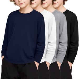 4 Pack Boy's Long Sleeve Shirts, Crew Neck Soft Tops Toddler Kids Basic Tees 3T-16 Years (Navy Blue, White, Light Gray, Black, 7-8 Years)