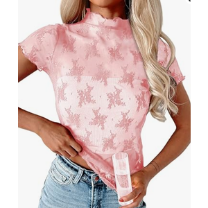 APOOU Womens Floral Sheer Mesh Lace Tops Mock Neck Short Sleeve Shirt Sexy See Through Top Y2k Blouses Pink, X-Large