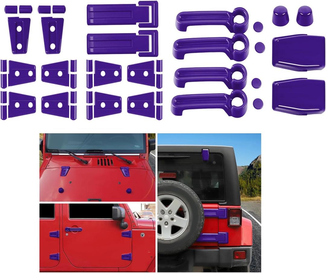 21PCS Full Set Exterior Trim Kit Fit for 2007-2017 Jeep Wrangler JK JKU 2/4 Door, Exterior Door Handle Door Hinge Tailgate Window Engine Hood Rubber Hinge Cover (Purple)
