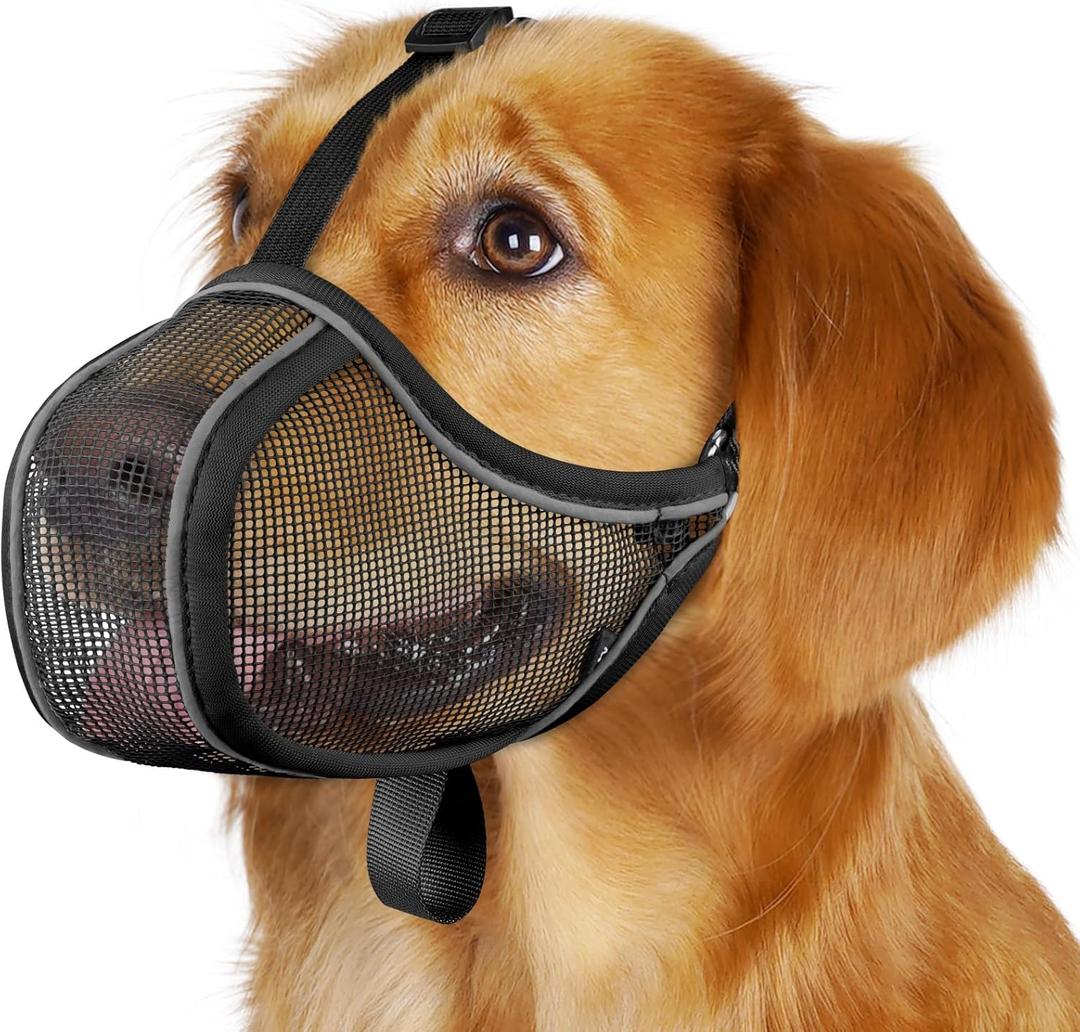 Mayerzon Dog Muzzle to Prevent Biting Scavenging Chewing, Soft Mesh Puppy Muzzles for Small Medium Sized Dogs, Breathable Reflective Adjustable Mouth Guard for Grooming Walking Training (Black, L) (Snout Cir 10.75"-12")