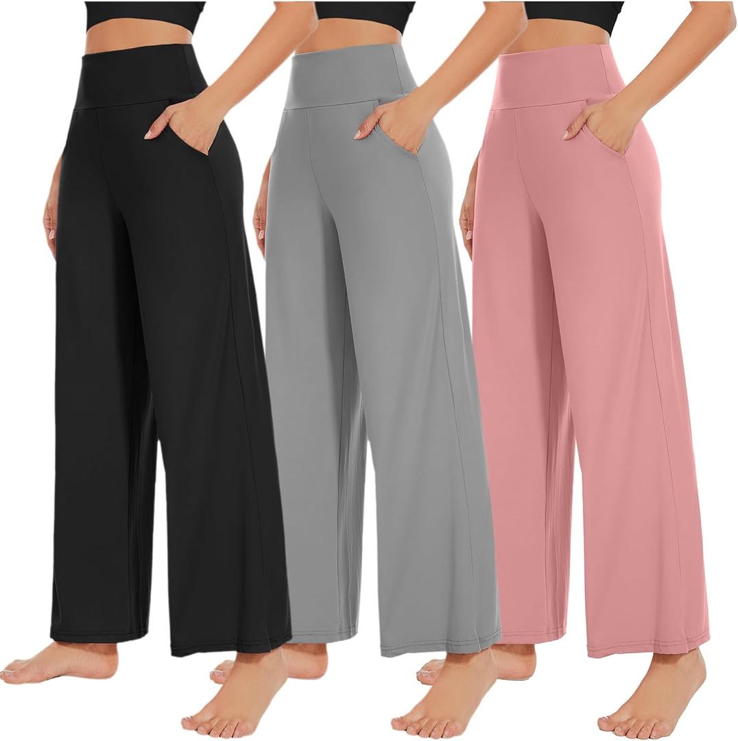 NEW YOUNG 3 Pack Women's Wide Leg Pants with Pockets High Waist Loose Sweatpants Casual Lounge Yoga Workout Palazzo (Medium)