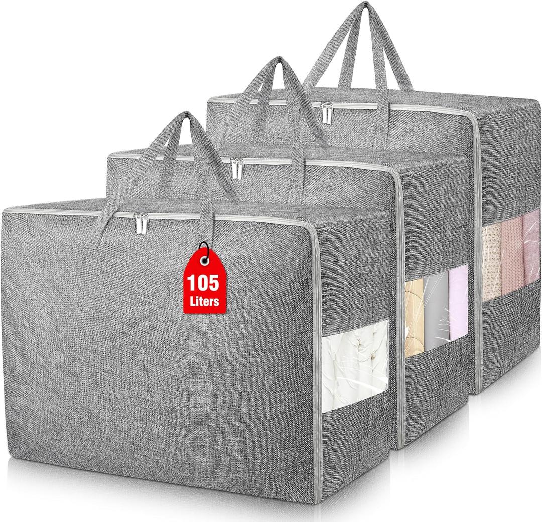 105L Extra Large Storage Bags, Folding Moving Comforter Blanket Storage Bags Closet Organizers and Storage Containers for Clothes with Strong Handles&Zippers Clear Window for Bedding Pillow Grey 3Pack