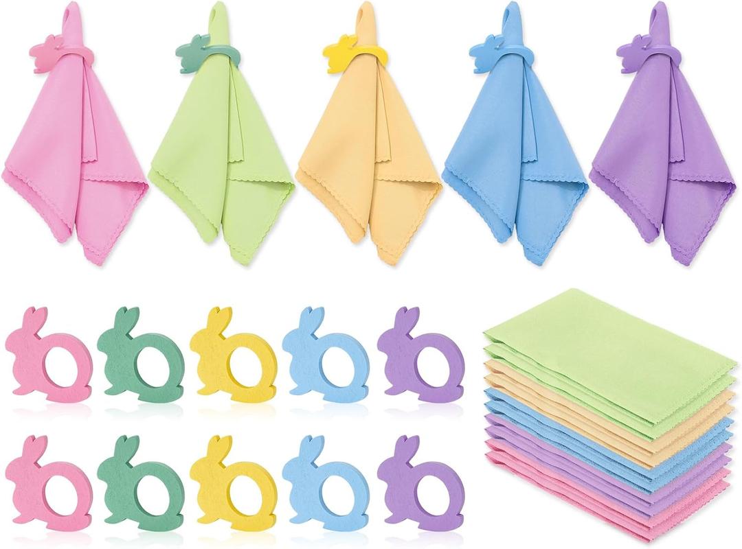 Whaline 10 Sets Easter Pastel Cloth Napkins with Wooden Bunny Napkin Rings 5 Colors Rabbit Napkins Holders for Spring Holiday Party Dinner Table Setting Decor Supplies