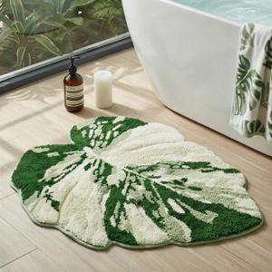 Luxury Sage Green Leaf Bathroom Mat Monstera, 32.3"x36.6" Extra Soft, Absorbent Washable Tufted Bath Rug, Non-Slip TPR Backing, Plush Shaggy Bath Carpet for Floor, Bathtub