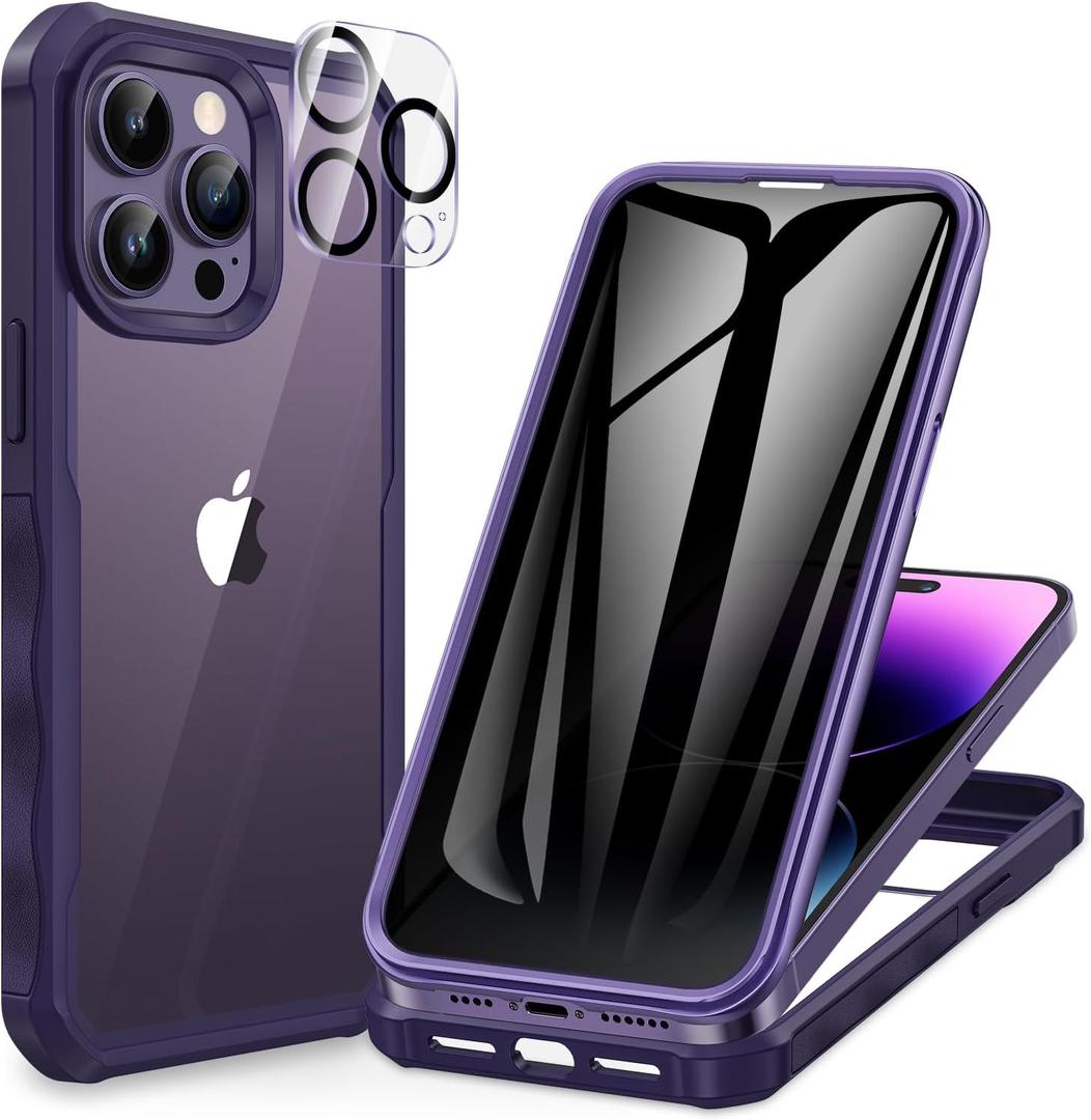 CENHUFO Privacy for iPhone 14 Pro Case, Full Body Phone Case with Built-in 9H Tempered Glass Privacy Screen Protector and Camera Lens Protector, Anti Peep Shockproof Bumper Clear Cover - Deep Purple