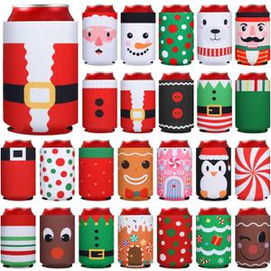 24 Pcs Christmas Beer Can Coolers Sleeves Bulk Collapsible Drink Insulator Sleeve Neoprene Xmas Santa Snowman Reindeer Beverage Coolies for Party Favors