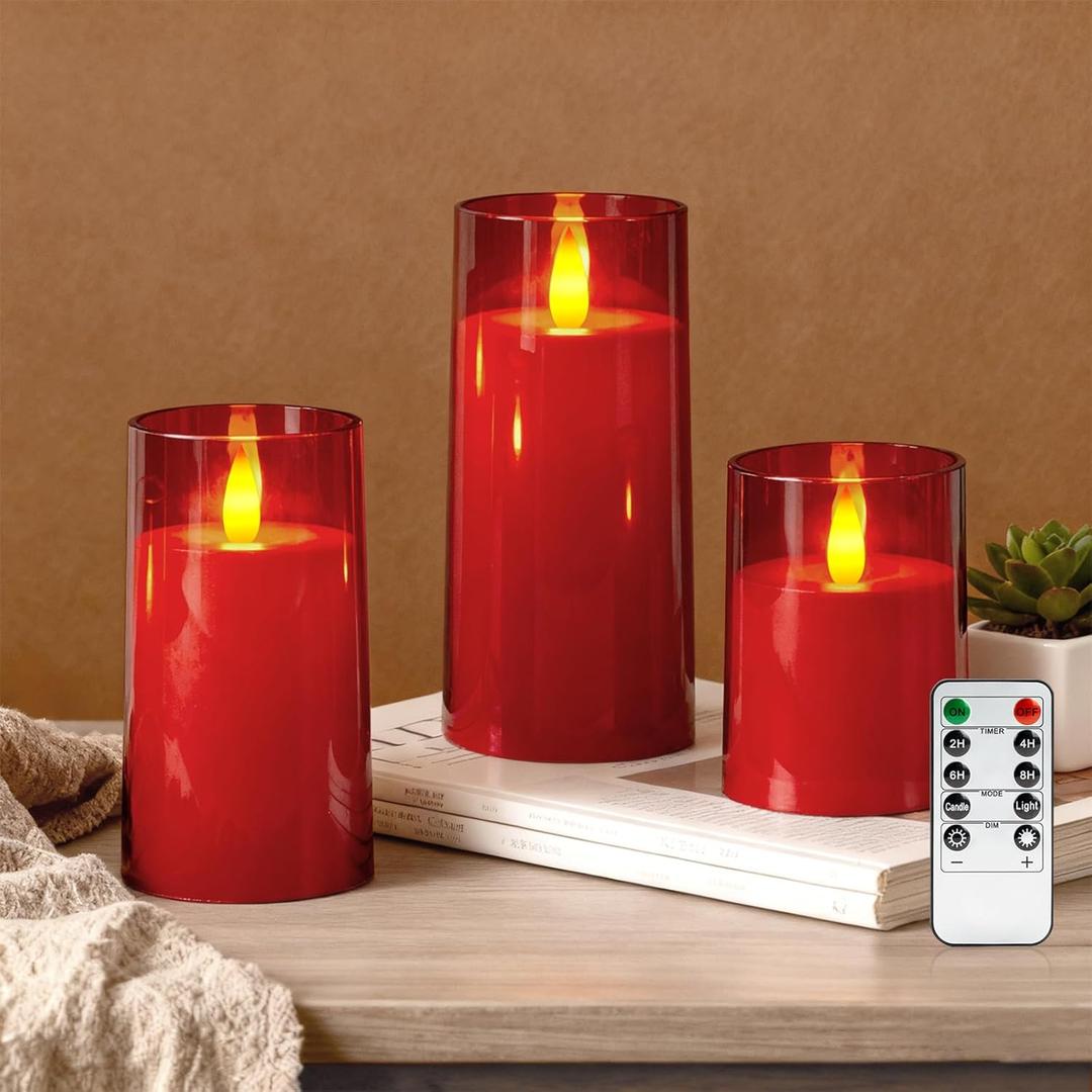 Raycare Flameless Electronic Pillar Candles with Remote Control and Timer Battery Operated Realistic Flickering LED Fake Candle for Home, Wedding, Valentine's Day Decor, Red, Set of 3(3"x4"5" 6")