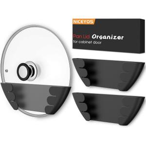 Universal Pot Lid Organizer for Cabinet - Upgraded Patented Niceyos 3 Pack Inside Cabinet Door Wall Mount Pan Top Storage Organizer Rack Holder for Kitchen, Fits 6" to 13" (Black)