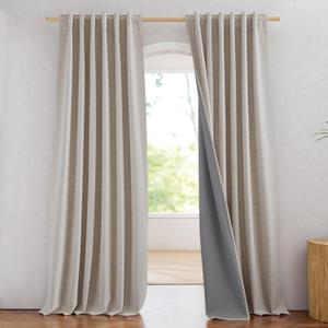 NICETOWN 100% Blackout Linen Curtains 90" Long for Bedroom, Thermal Insulated Living Room Curtains with Liner, Farmhouse Style Linen Blend Window Draperies for Dining Room (2 Panels, 52" W, Natural)