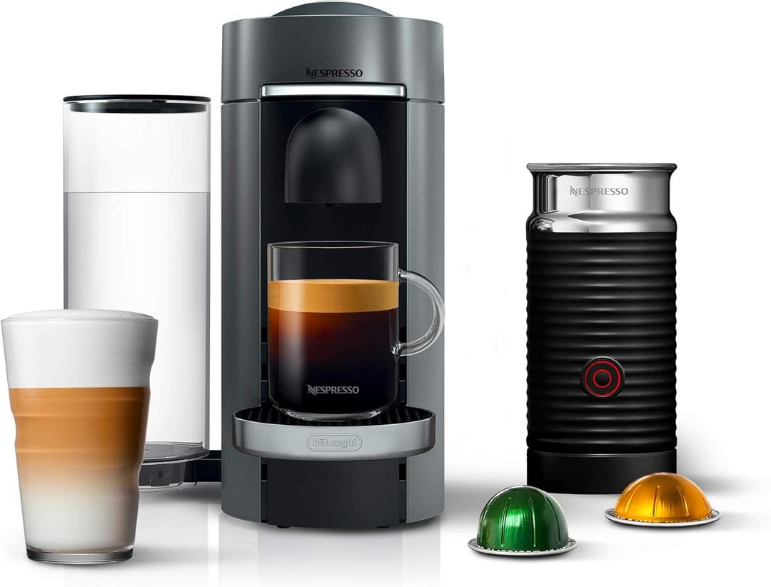 Nespresso Vertuo Plus Deluxe Coffee and Espresso Maker by De'Longhi, Titan with Aeroccino Milk Frother, 110 Volts