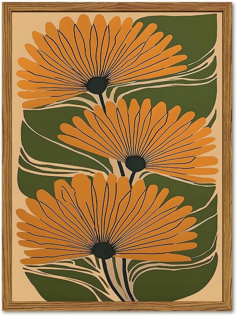 Framed Boho Floral Canvas Wall Art, Vintage Flower Pictures Wall Decor, Abstract Botanical Paintings Prints Maximalist Home Decor for living Room Bedroom Office 16x24 inch